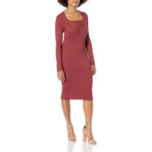 Taylor Ribbed Sweater Dress Long Sleeve Bodycon Knee Length Cognac Red Small